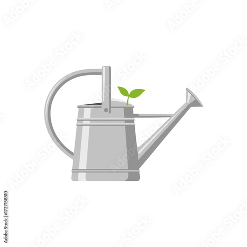watering can, silver watering can, metal watering can, watering can with sprout, plant in watering can, garden watering can, watering can decor, small sprout, green sprout, sprout in can, garden tool,