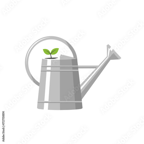 watering can, silver watering can, metal watering can, watering can with sprout, plant in watering can, garden watering can, watering can decor, small sprout, green sprout, sprout in can, garden tool,