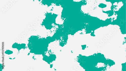 Abstract vector background featuring irregular teal ink blot shapes spreading organically across a clean white surface. Stains, paint splashes, or topographic contours, with bold edges.