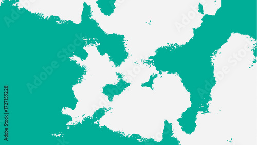 Abstract vector background featuring irregular teal ink blot shapes spreading organically across a clean white surface. Stains, paint splashes, or topographic contours, with bold edges.