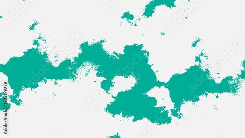 Abstract vector background featuring irregular teal ink blot shapes spreading organically across a clean white surface. Stains, paint splashes, or topographic contours, with bold edges.