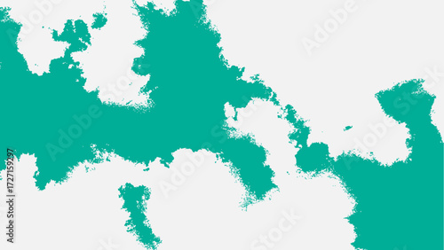Abstract vector background featuring irregular teal ink blot shapes spreading organically across a clean white surface. Stains, paint splashes, or topographic contours, with bold edges.