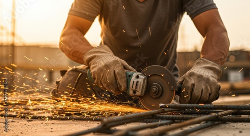 Welding sparks fly as worker grinds metal in industrial workshop urban environment high-detail