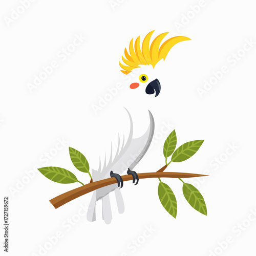 Vibrant tropical cockatoo vector art, a charming parrot with a yellow crest sitting on a green branch in a minimal flat style