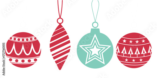 Charming Christmas ornaments hanging, festive holiday cheer, perfect for seasonal designs and joyful celebrations, originally vector graphics
