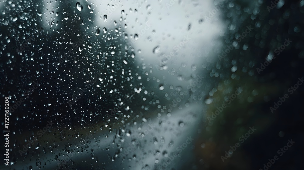 Obraz premium Close up view of numerous raindrops clinging to a wet glass window with a softly blurred natural landscape visible in the background