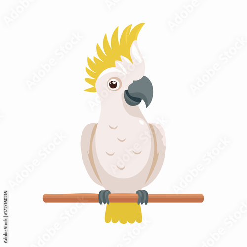 A friendly white cockatoo with a bright yellow crest, depicted in a simple, flat cartoon vector style, sitting on a perch