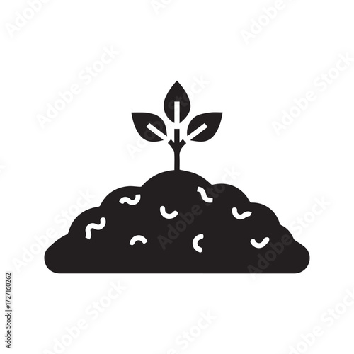 Compost Pile Icon with Growing Sprout. Black solid glyph symbol for agriculture, fertilizer, organic farming, and soil enrichment.
