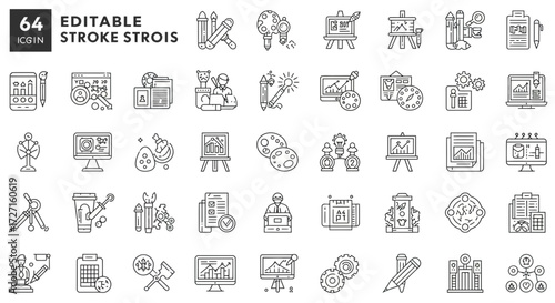 Collection of 64 editable stroke art and business line icons for creative design