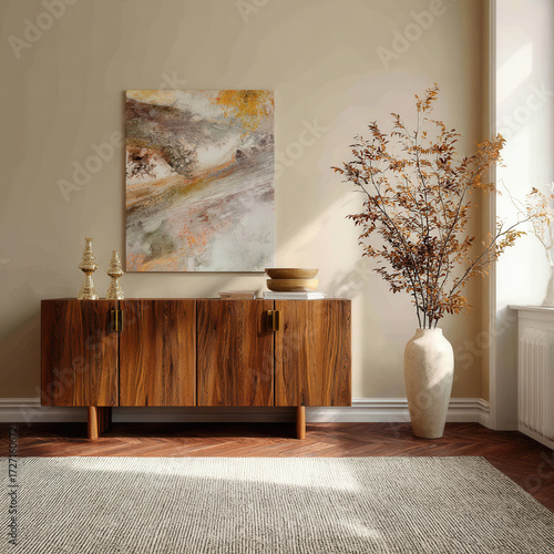 Modern living room design featuring wooden furniture, decorative art, and natural elements in warm light