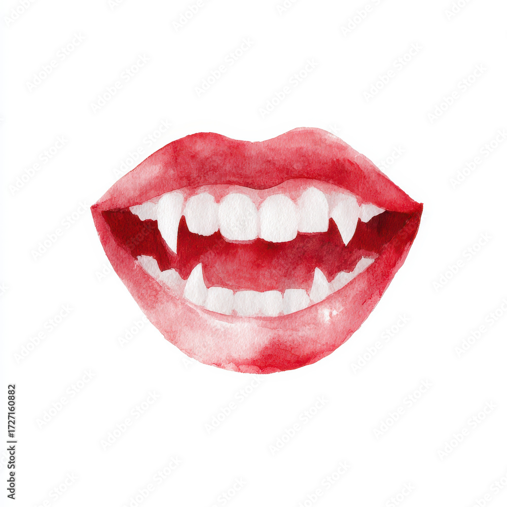 Fototapeta premium Watercolor vampire mouth fang red lip horror spooky blood gothic scary tooth bite tease with eerie charm and playful dread painted texture and white background highlight chilling smile