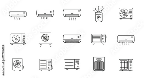Collection of minimalist line icons representing various air conditioning units