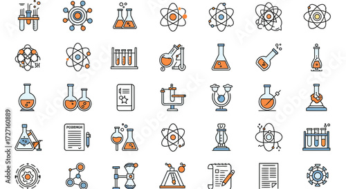 Collection of science and laboratory icons, chemical research and scientific experiment