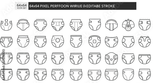 Detailed line art of baby diapers icon set for graphic design projects