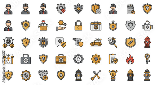 Comprehensive security services icon set showcasing safety protection and emergency response