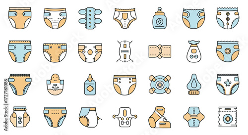 Diverse diaper icons set, essential elements for baby care and parenting supplies