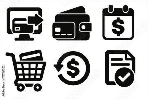 Finance and shopping silhouette icon set. featuring payment, wallet, calendar, cart, refund, and invoice symbols