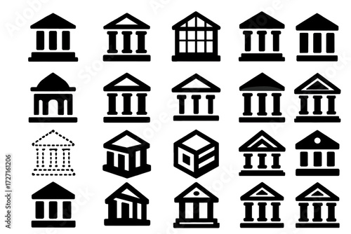 Iconic Bank Designs. Bank Building Basics silhouette set : simple bank building, classical pillar bank, modern glass bank, square bank facade, bank