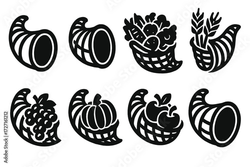 Bold Cornucopia Icons. Basic Cornucopias silhouette set : traditional horn basket, cornucopia with fruits, cornucopia with vegetables, cornucopia with