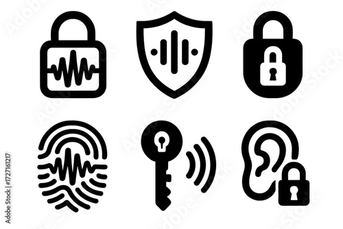 Secure Voice Icons. Secure Voice silhouette set : lock with waveform, shield with voice lines, encrypted mic, fingerprint with sound wave, key with