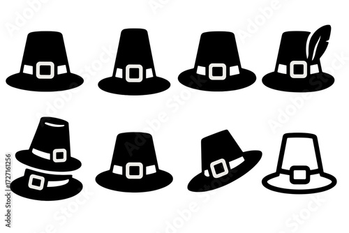 Pilgrim Hat Icons. Basic Pilgrim Hats silhouette set : classic black pilgrim hat with buckle, tall pilgrim hat, wide-brim pilgrim hat, pilgrim hat
