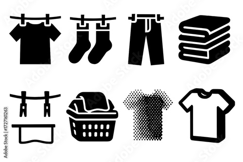Brutalist Laundry Icons. Drying Variations silhouette set : t-shirt drying, socks drying, pants drying, layered laundry items, clothesline with