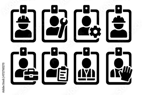 Brutalist Workplace Icons. Workplace Context silhouette set : worker ID with helmet, worker ID with wrench, worker ID with hard hat, worker ID with