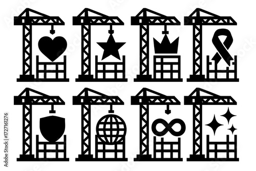 Brutalist Construction Icons. Symbolic Construction Sites silhouette set : construction site with heart, construction site with star, construction