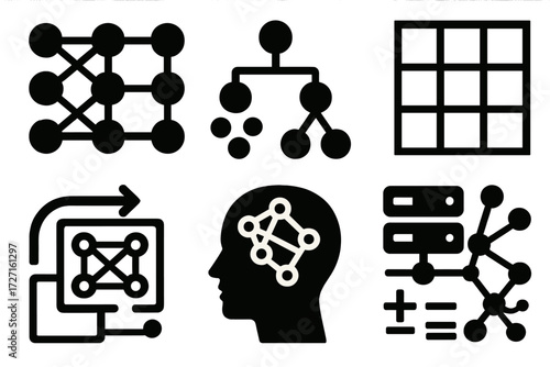 Brutalist AI Icon Set. ML Variations silhouette set : neural net with layers, decision tree diagram, cluster of data points, training dataset grid,