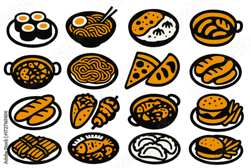 Traditional Dish Icons. Regional Traditional Dishes silhouette set : sushi roll plate, ramen bowl, curry with naan, dim sum basket, paella pan, pasta
