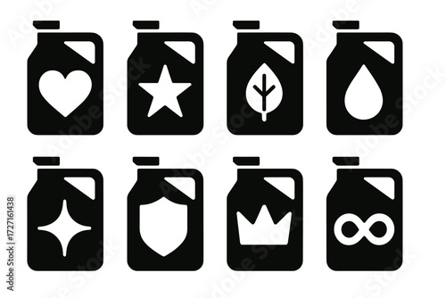 Brutalist Oil Jug Icons. Symbolic Oil Jugs silhouette set : oil jug with heart, oil jug with star, oil jug with leaf, oil jug with drop, oil jug with