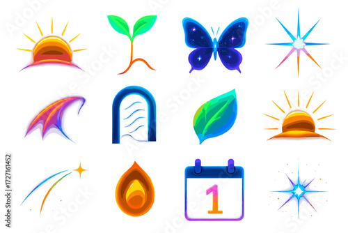 Bold New Beginnings Icons. Creative New Beginning Icons silhouette set : neon glowing sunrise, rainbow gradient sprout, cosmic glowing butterfly,
