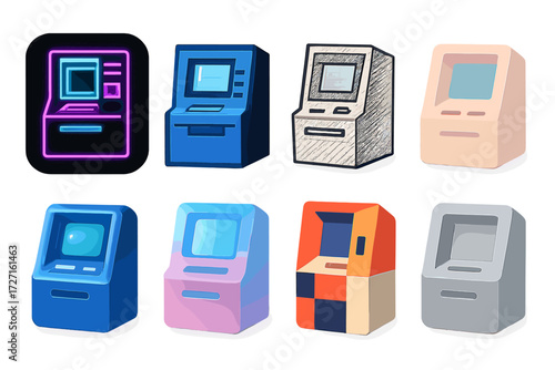 Brutalist ATM Icons. Creative Styles silhouette set : neon glowing ATM machine, pixel art ATM machine, hand-drawn sketch ATM machine, pastel minimal