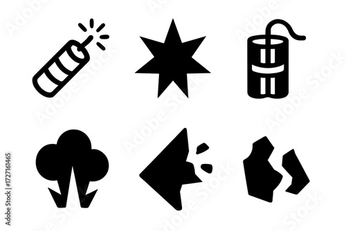 Explosive silhouette icon set. featuring firework, blast, dynamite, explosion, detonation, burst symbols