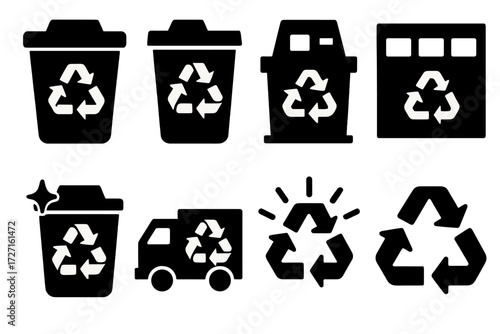 Recycling and waste management silhouette icon set. featuring bins, trucks, and symbols