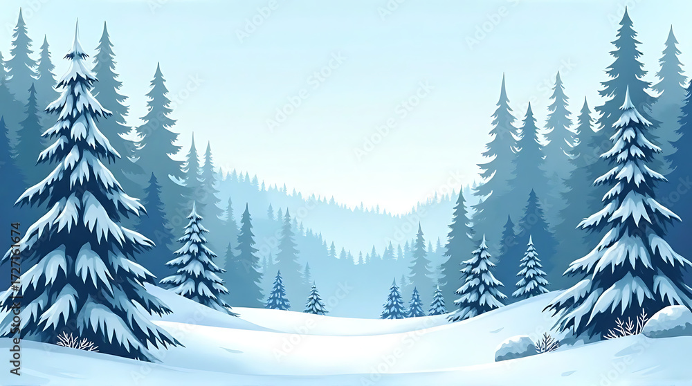 Fototapeta premium Winter wonderland landscape, snow-covered pine trees, serene forest scene.