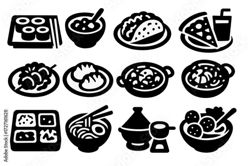 Cultural Meal Icons. Cultural Evening Meals silhouette set : sushi platter, curry bowl, taco plate, pizza slice with drink, kebab plate, dumpling dish