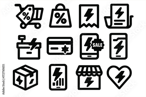 Bold Ecommerce Icons. Ecommerce Flash Deal silhouette set : cart with discount tag, bag with percent sign, receipt with flash, checkout with lightning