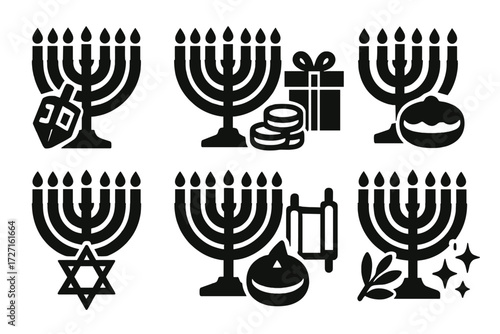 Hanukkah Menorah Icons. Hanukkah Menorah silhouette set : menorah with dreidel, menorah with gift box, menorah with coins, menorah with sufganiyah,
