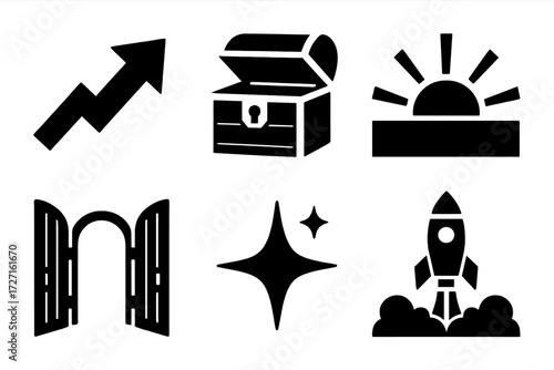 Brutalist Icons of Opportunity. Opportunity Ahead silhouette set : rising arrow, treasure chest opening, sunrise over horizon, rocket launch, open