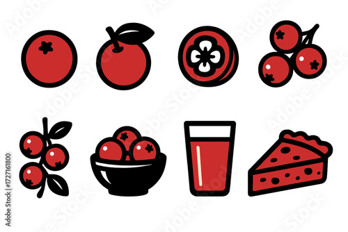 Fruit silhouette icon set. featuring apple, orange, kiwi, berries, juice, pie, cherry, bowl, slice