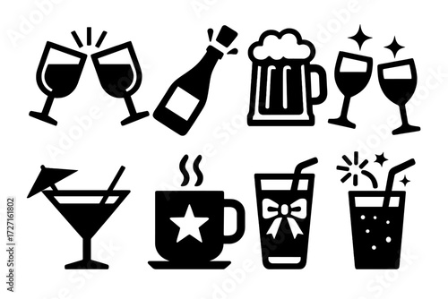 Festive Icon Set. Festive Cheers silhouette set : clinking glasses, champagne bottle popping, beer mugs clinking, wine glasses with sparkles, cocktail