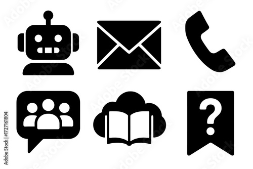 Digital Support Icons. Digital Support Tools silhouette set : chatbot robot, email envelope, phone handset, community forum, knowledge cloud, question