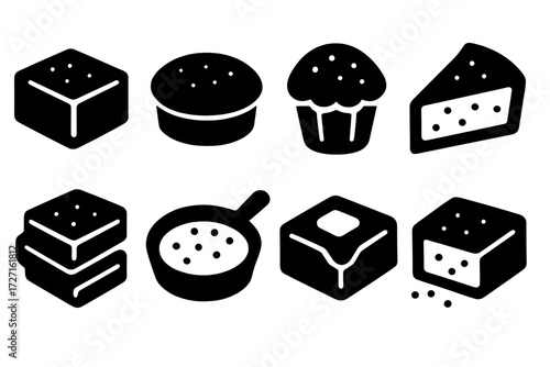 Brutalist Cornbread Icons. Basic Cornbread silhouette set : square cornbread slice, round cornbread loaf, muffin-shaped cornbread, cornbread wedge