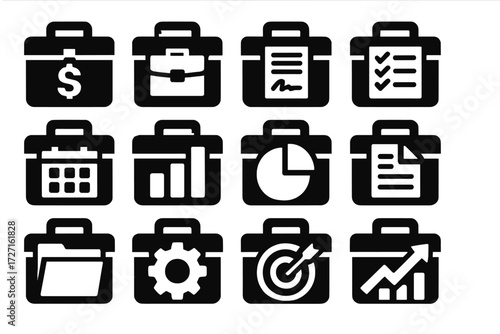 Business Icon Set. Business Toolboxes silhouette set : toolbox with dollar sign, toolbox with briefcase, toolbox with contract, toolbox with checklist