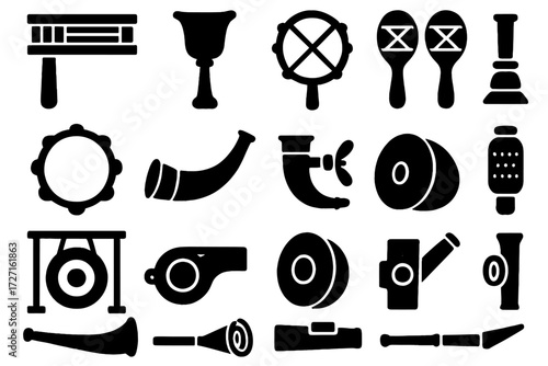 Traditional Noisemaker Icons. Traditional Noisemakers silhouette set : wooden rattle, hand-carved clapper, ceremonial bell, shaman drum, folk maracas,