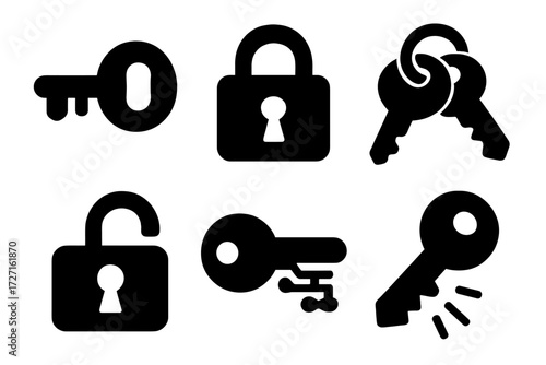 Security silhouette icon set. featuring key, lock, unlock, encryption, and padlock symbols