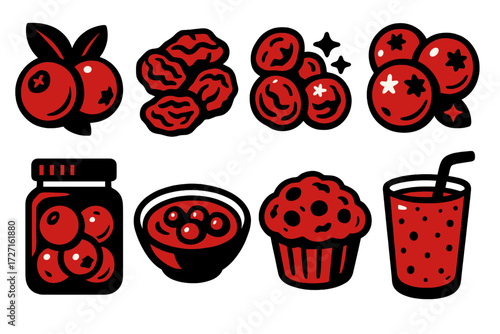Cranberry Icon Collection. Cranberry Variations silhouette set : fresh cranberry, dried cranberry, frozen cranberry, cranberry jam jar, cranberry