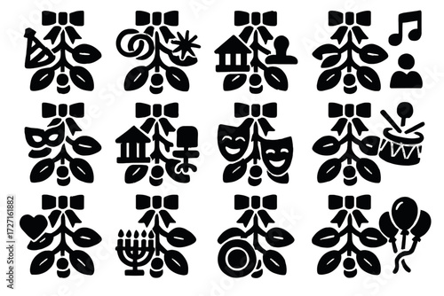 Holiday celebration silhouette icon set. featuring party, confetti, music, theater, and festival symbols