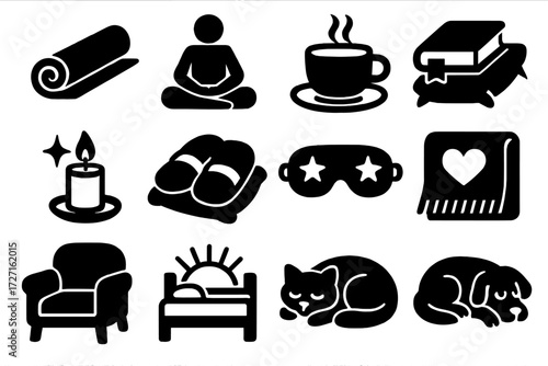 Cozy Wellness Icons. Wellness Rest Days silhouette set : yoga mat rolled, meditation pose, cup of tea, book with pillow, candle with sparkle, slippers